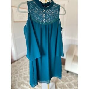 A Byer Teal Lace Cold Shoulder Dress High Neck Flowy Chiffon Elegant Chic Easter